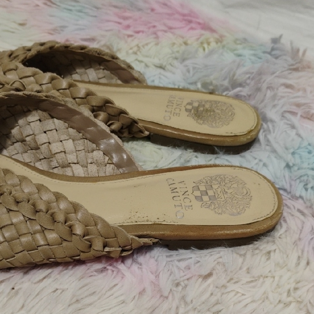 SALE! Vince Camuto Loralee Tan Woven Leather Mules - Picture 2 of 12
